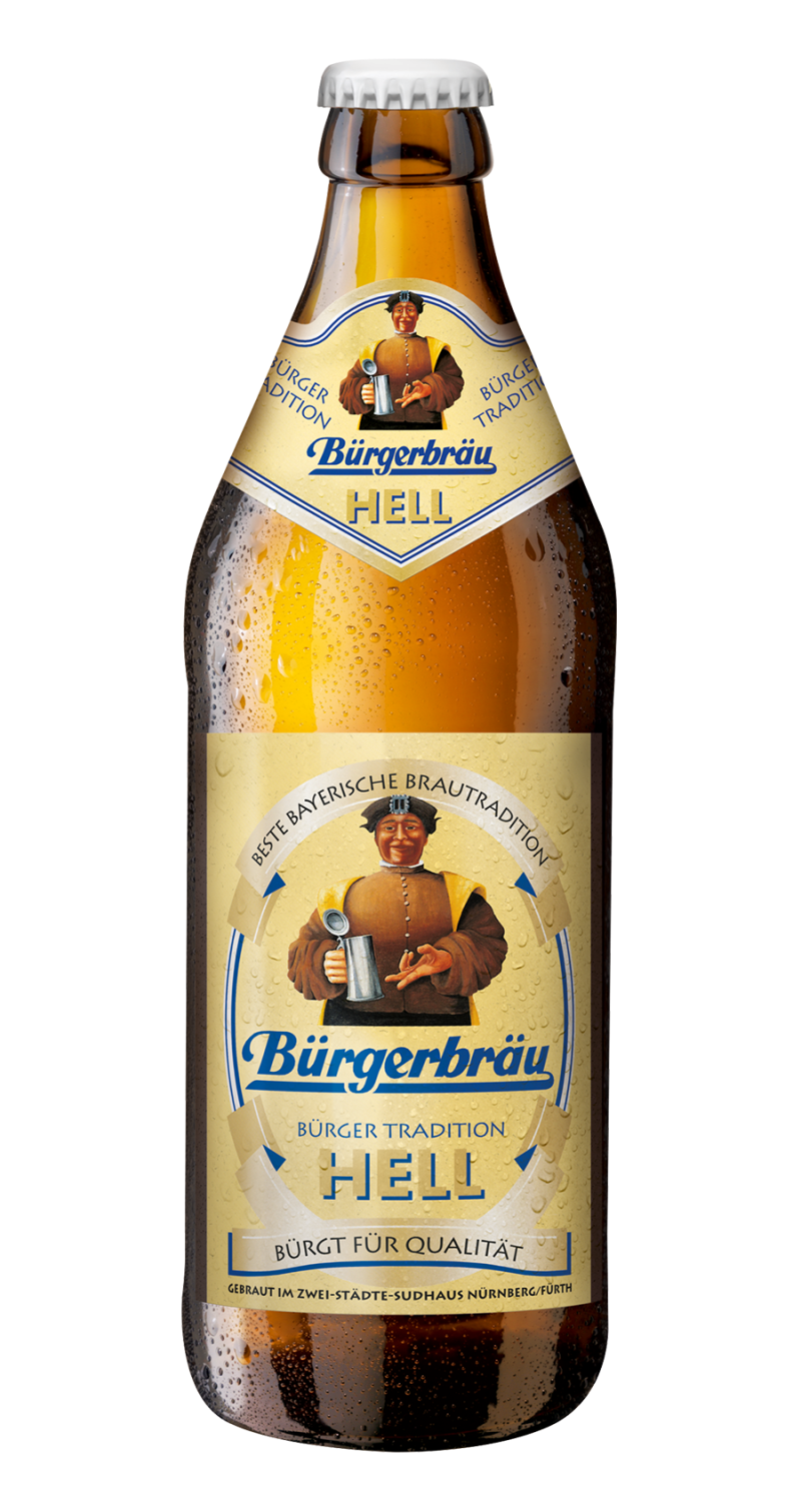 Eine Flasche Bürgerbräu Hell Bier mit Kondenswasser ist abgebildet, das Etikett zeigt einen Mann mit einem Bierkrug.